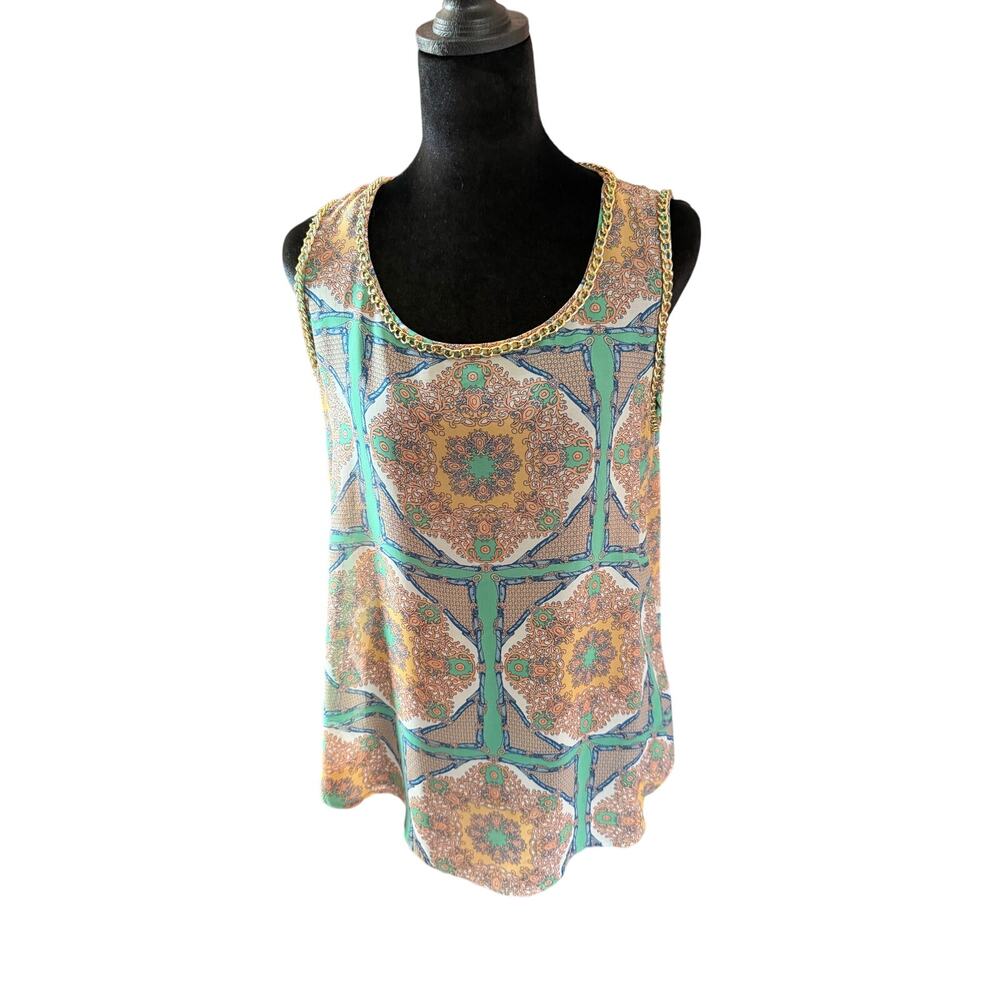 Blu Pepper Small Paisley Print Tank Top Gold Chain Straps Boho Festival Top